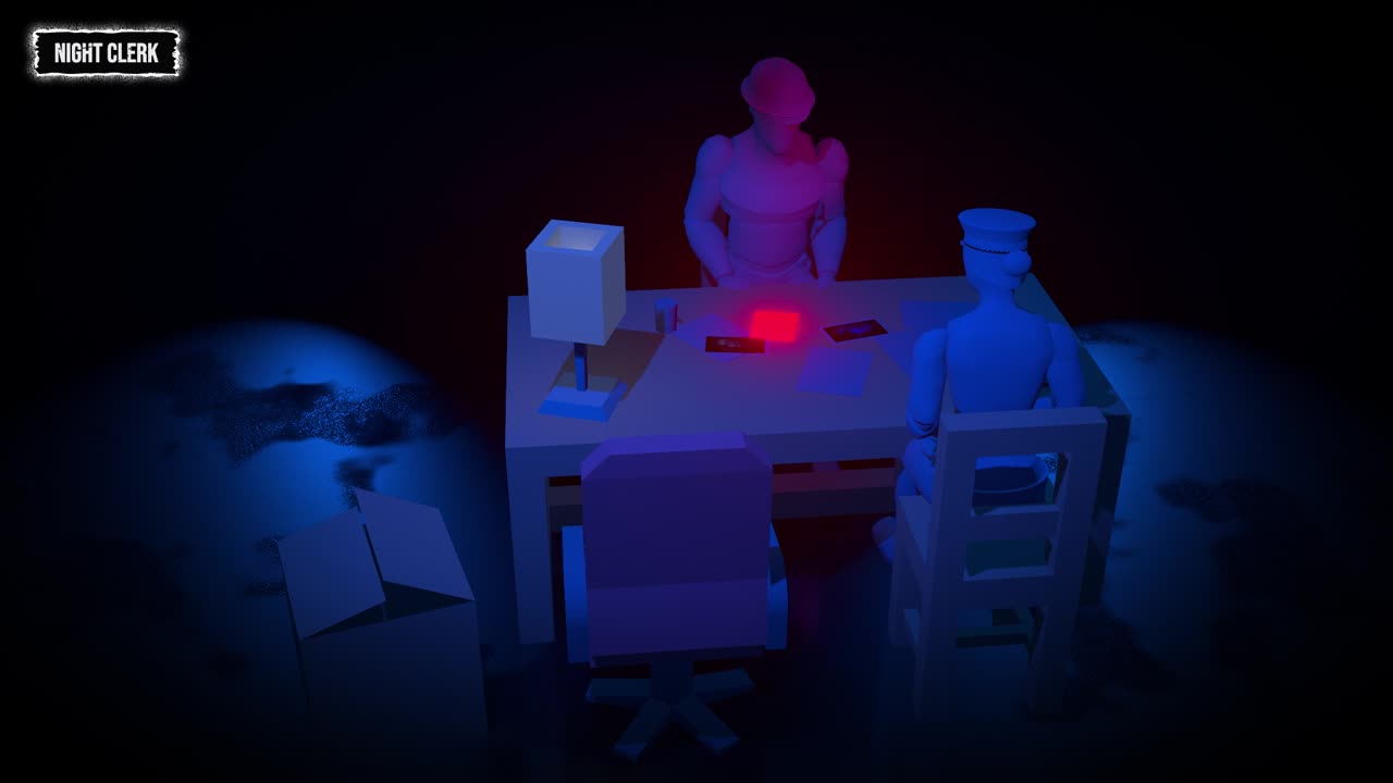 3D interrogation scene with a night clerk