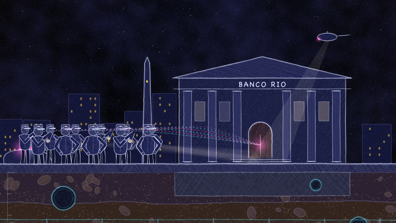 Blueprint-style night scene of police surrounding a bank