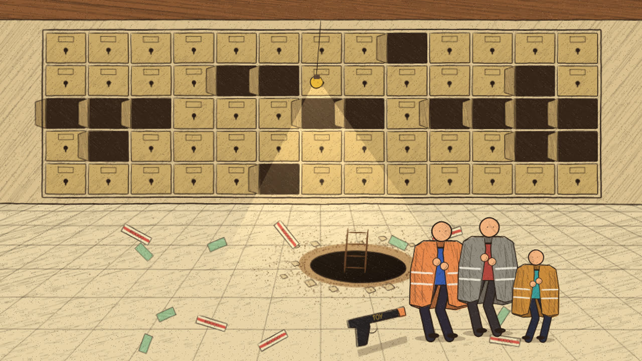 Thieves escaping through a hole in the vault floor